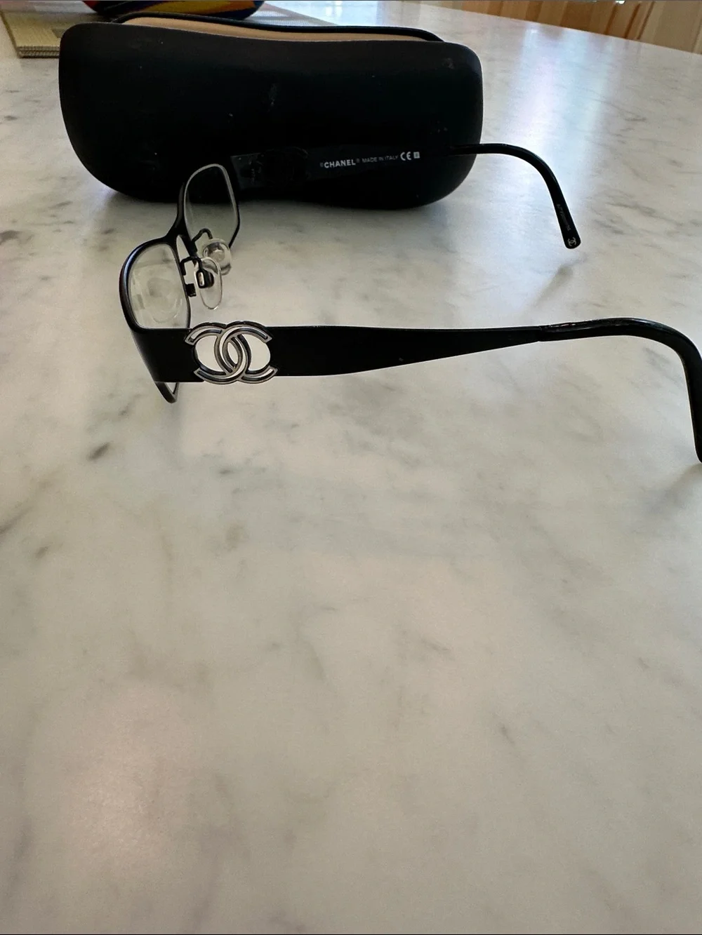 Vintage CHANEL Black Rectangular Metal Eyeglasses w/case